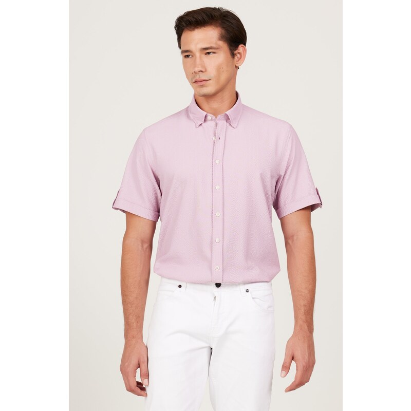 AC&Co / Altınyıldız Classics Men's Lilac Slim Fit Slim Fit Shirt with Hidden Buttons and Short Sleeves.