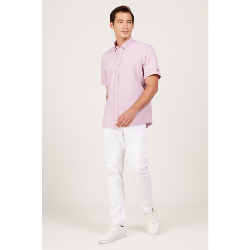 AC&Co / Altınyıldız Classics Men's Lilac Slim Fit Slim Fit Shirt with Hidden Buttons and Short Sleeves.