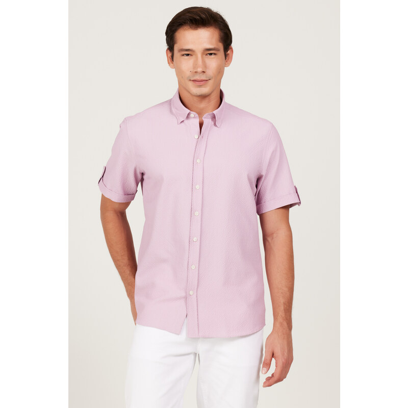 AC&Co / Altınyıldız Classics Men's Lilac Slim Fit Slim Fit Shirt with Hidden Buttons and Short Sleeves.