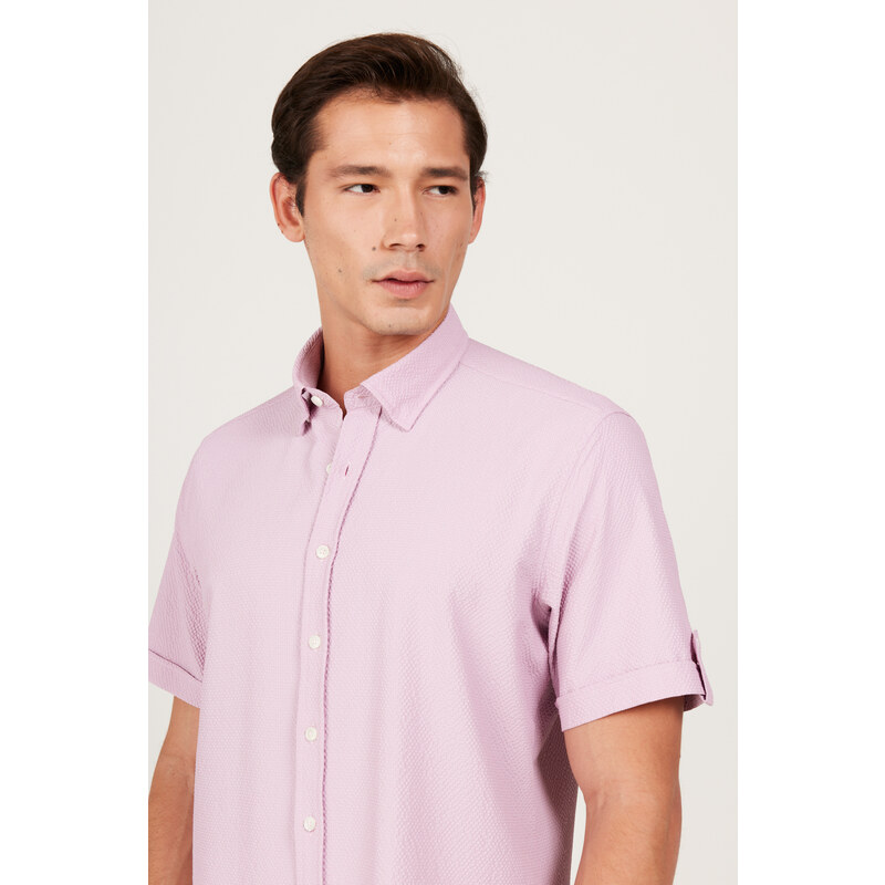 AC&Co / Altınyıldız Classics Men's Lilac Slim Fit Slim Fit Shirt with Hidden Buttons and Short Sleeves.