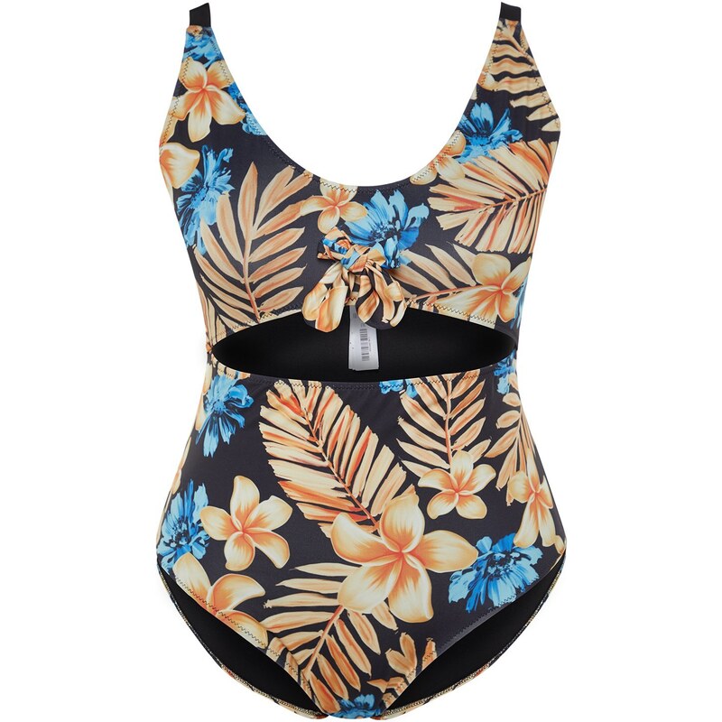 Trendyol Curve Blue Tropical Patterned Swimsuit with Tie Detail and Slimming Effect