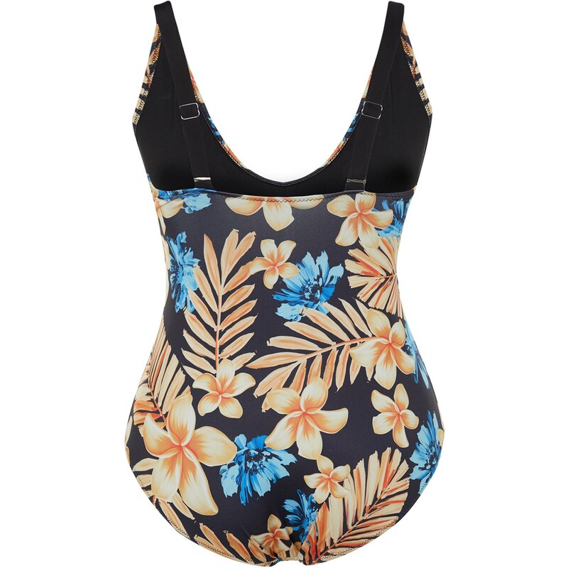 Trendyol Curve Blue Tropical Patterned Swimsuit with Tie Detail and Slimming Effect