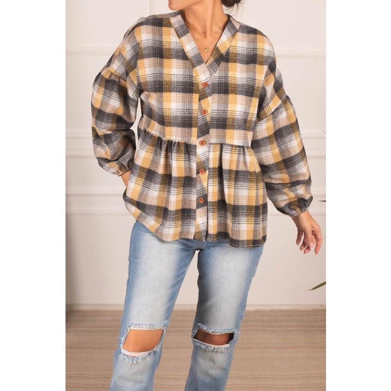 armonika Women's Yellow Six Shirred Sleeve Elastic Plaid Pattern Cachet Shirt