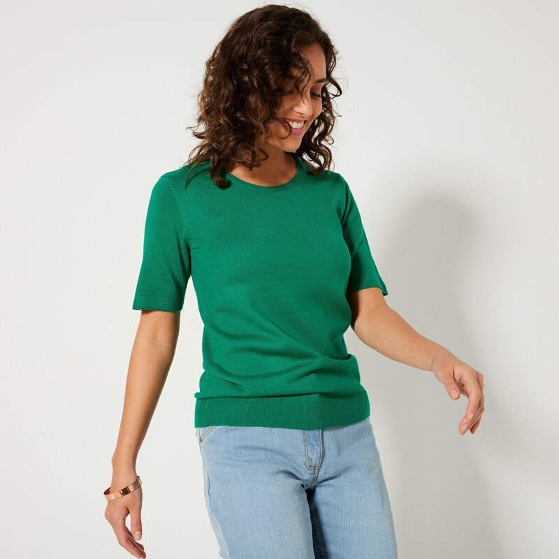 Blancheporte Jednobarevný pulovr s krátkými rukávy zelená 34/36