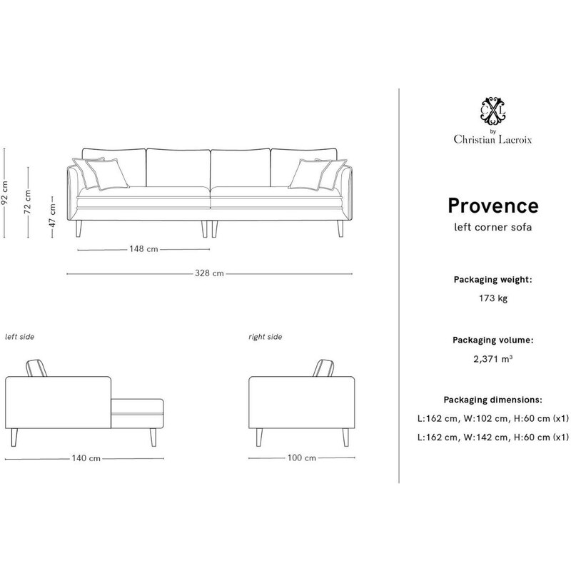 CXL by Christian Lacroix Světle šedá sametová rohová pohovka CXL Provence 328 cm, levá