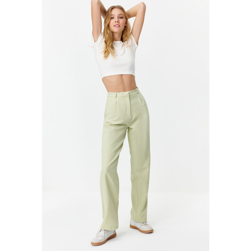 Trendyol Mint Straight/Straight Fit Pleated Woven Trousers