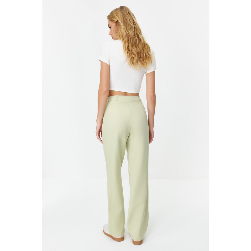 Trendyol Mint Straight/Straight Fit Pleated Woven Trousers