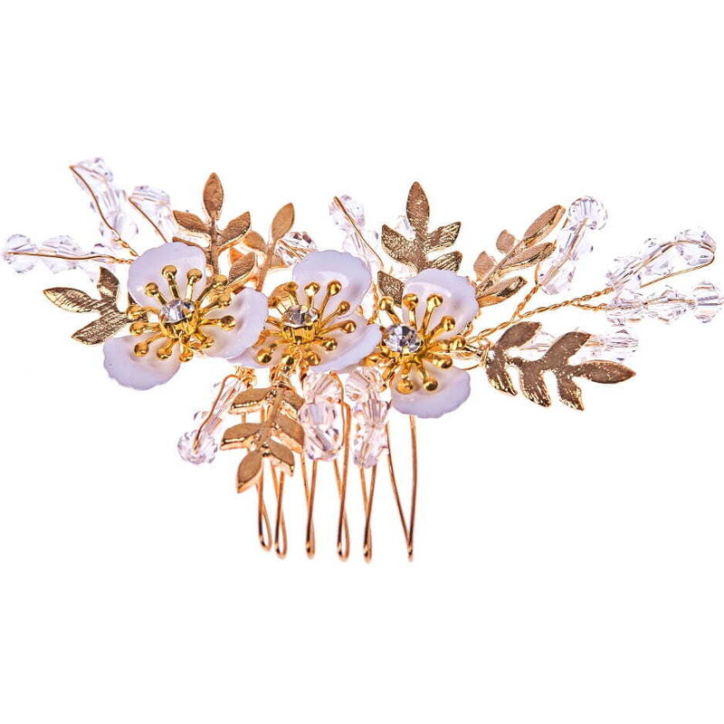Camerazar Elegantní Zlatý Svatební Hřeben s Bílými Květy a Korálky, 11 cm x 5,5 cm