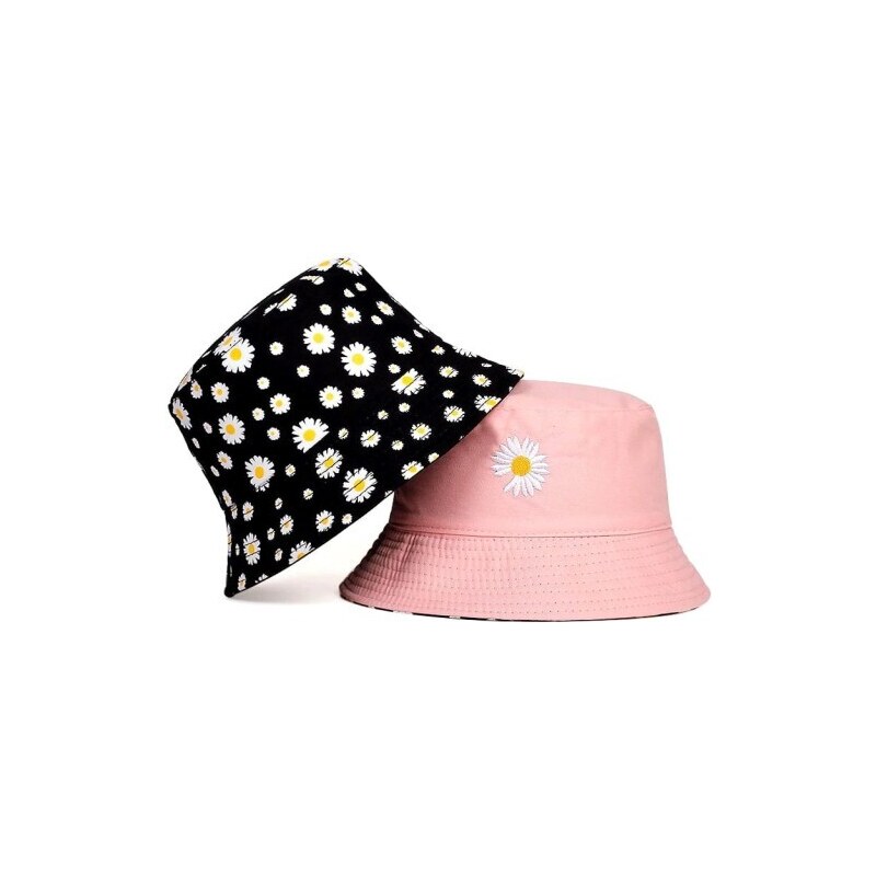 Camerazar Oboustranný klobouk BUCKET HAT FISHER Daisy, černá barva, univerzální velikost 55-59 cm, polyester a bavlna