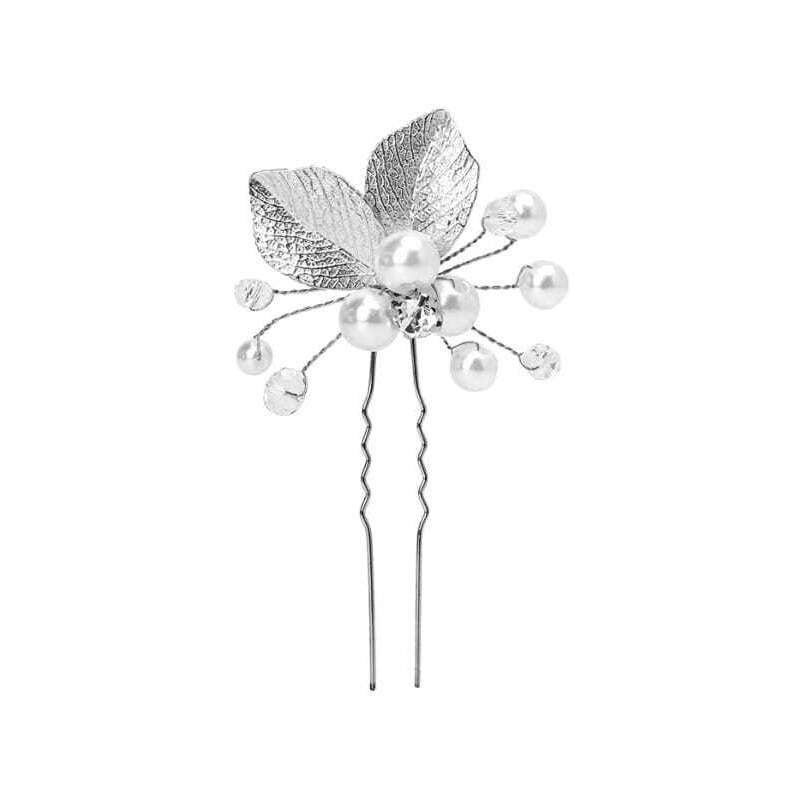 Camerazar Svatební spona do vlasů s perlami a květinovými listy, bílá, 9 cm