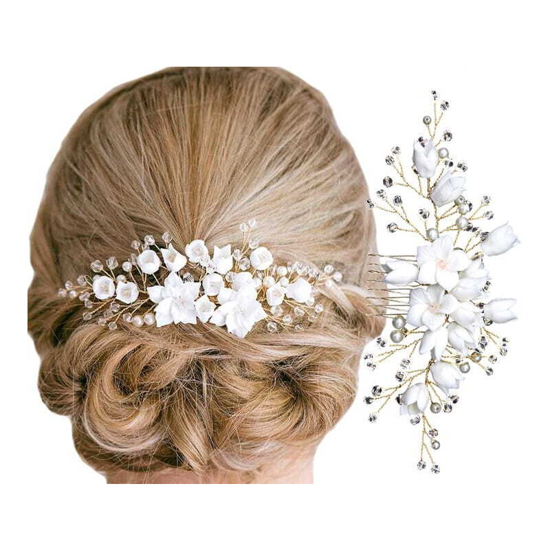 Camerazar Elegantní svatební hřeben do vlasů, zlatý drát, bílé květy, 14 cm x 8 cm