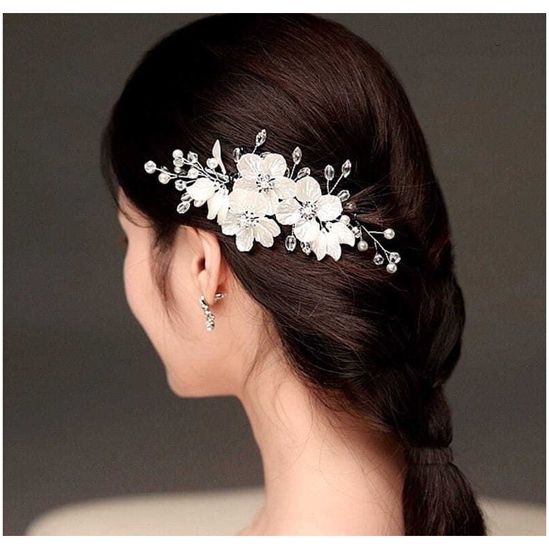 Camerazar Elegantní svatební hřeben do vlasů, stříbrný s perlami a květinou, 17x10 cm
