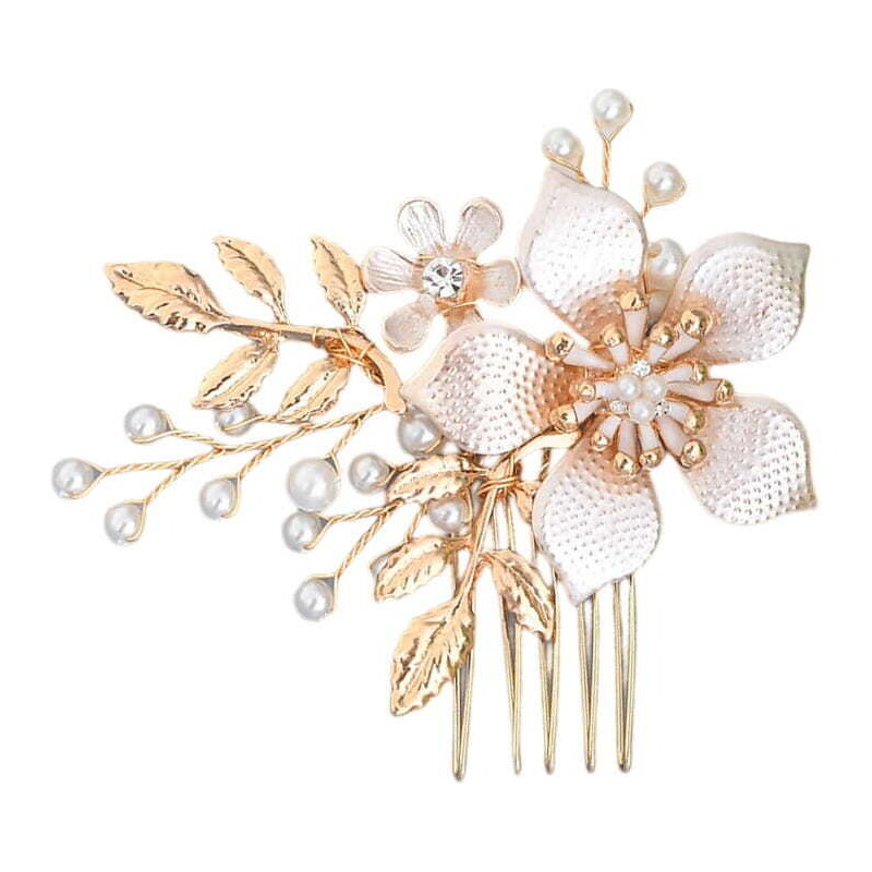 Camerazar Zlatý svatební hřeben s perlami a květinou, 7 cm x 6,5 cm, vysoce kvalitní zpracování