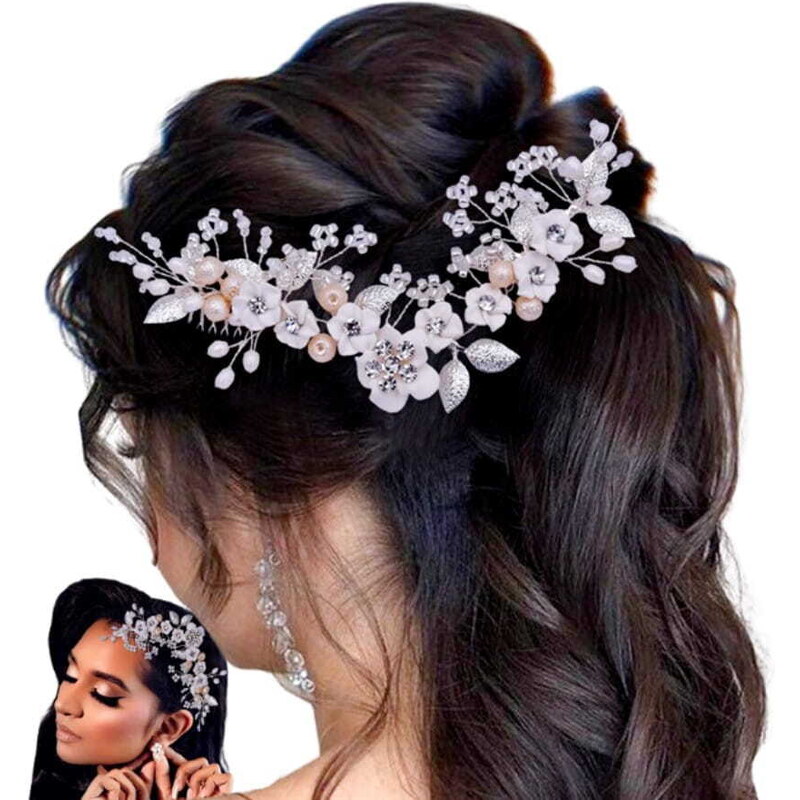 Camerazar Elegantní svatební hřeben do vlasů, stříbrný s bílými květy a perlami, 14x8 cm