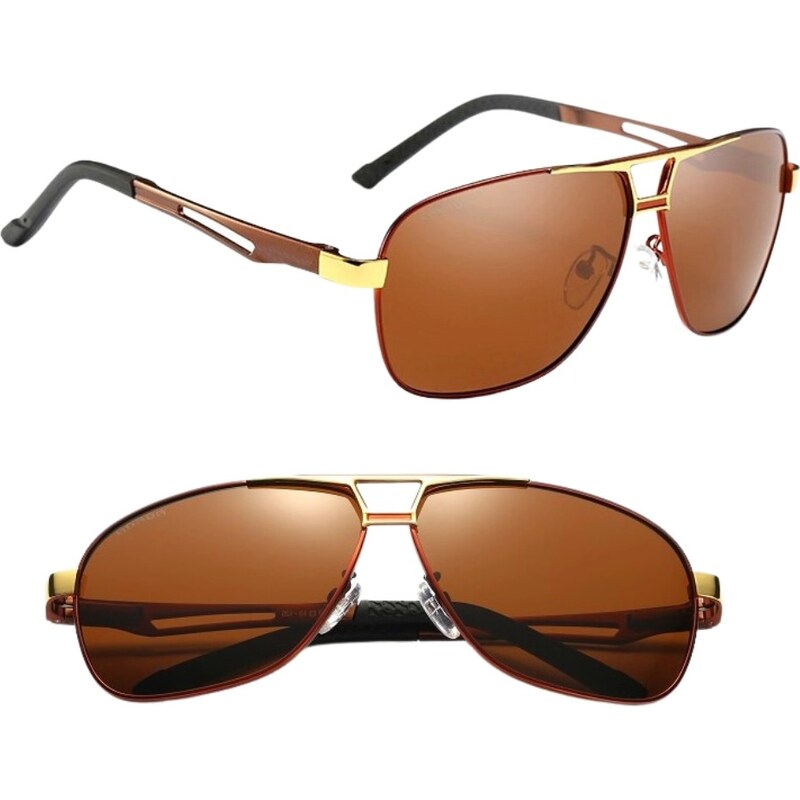 Camerazar Pánské hnědé polarizační sluneční brýle Retro styl - UV 400 ochrana, zlatý kovový rám, velikost 60-20-137 mm