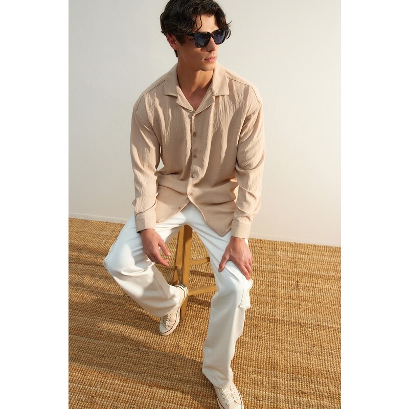 Trendyol Stone Oversize Fit Open Collar Summer Linen Look Shirt