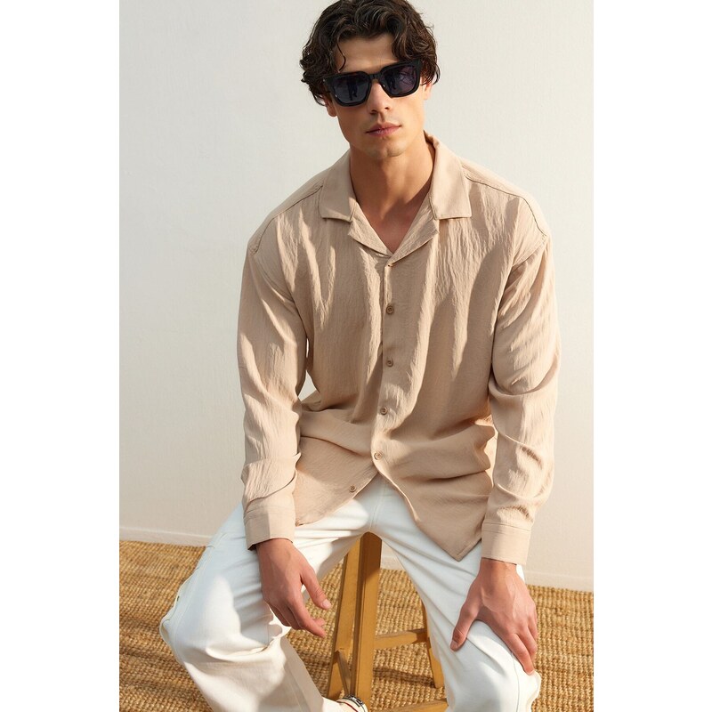 Trendyol Stone Oversize Fit Open Collar Summer Linen Look Shirt