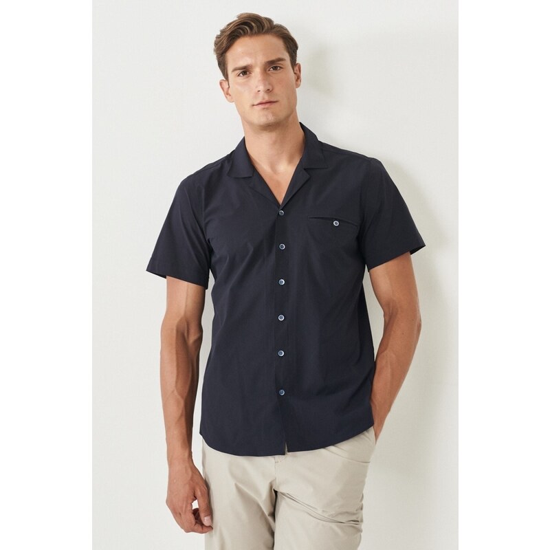 ALTINYILDIZ CLASSICS Men's Navy Blue Slim Fit Slim Fit Mono Collar Short Sleeved Casual Shirt.
