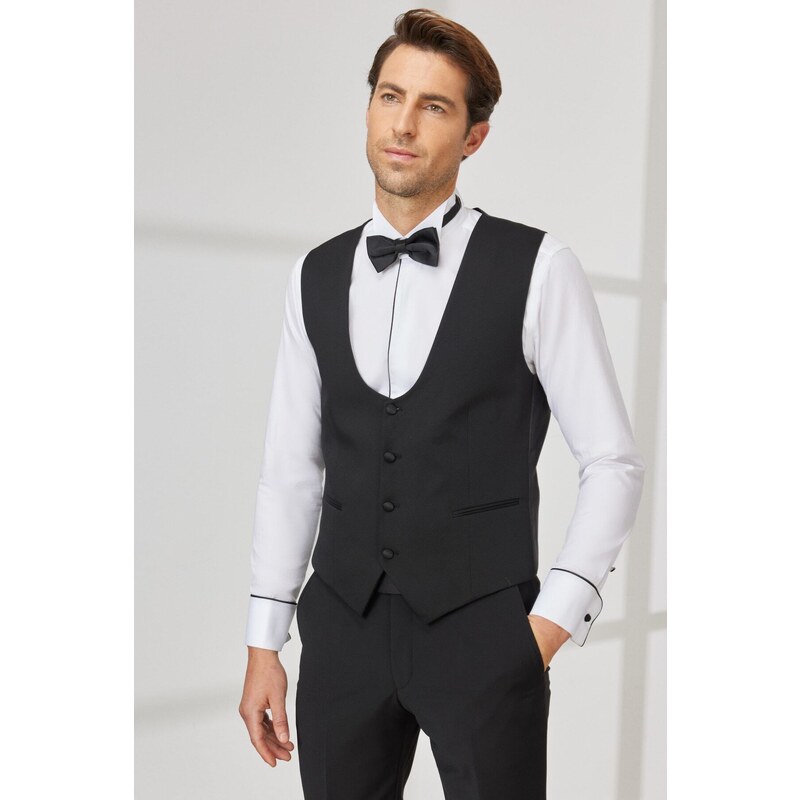 ALTINYILDIZ CLASSICS Men's Black Slim Fit Slim Fit U-neck Patterned Classic Vest