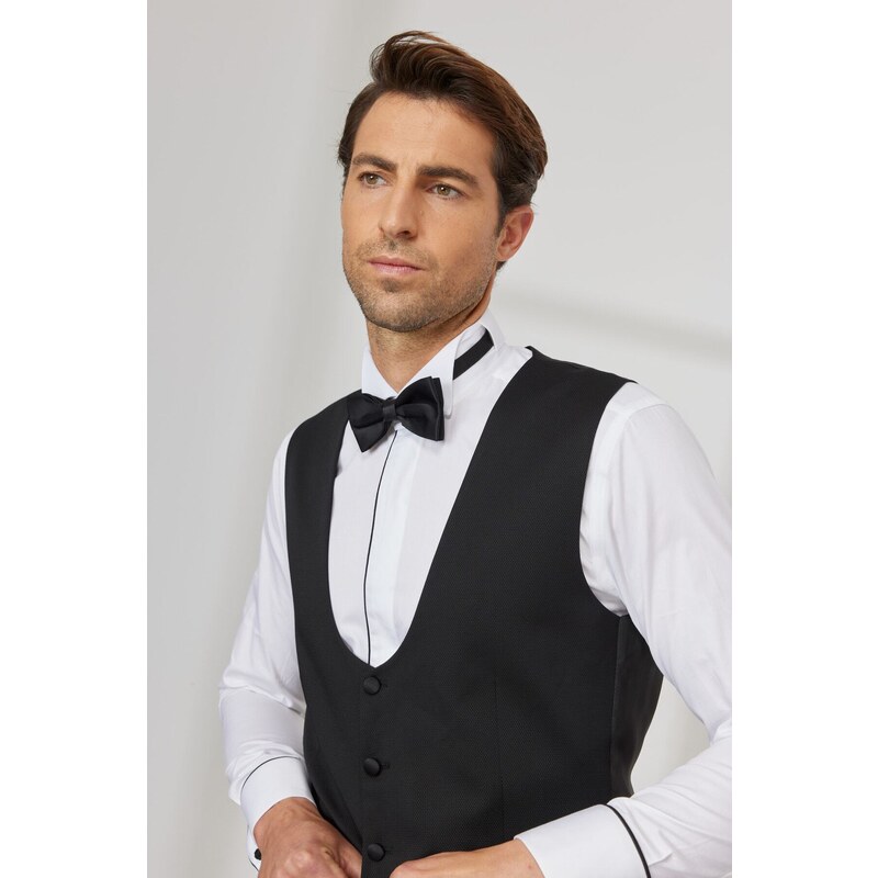 ALTINYILDIZ CLASSICS Men's Black Slim Fit Slim Fit U-neck Patterned Classic Vest