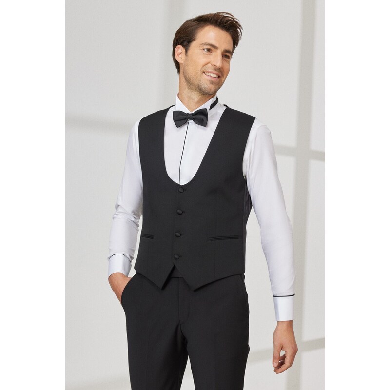 ALTINYILDIZ CLASSICS Men's Black Slim Fit Slim Fit U-neck Patterned Classic Vest