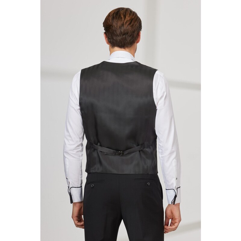 ALTINYILDIZ CLASSICS Men's Black Slim Fit Slim Fit U-neck Patterned Classic Vest