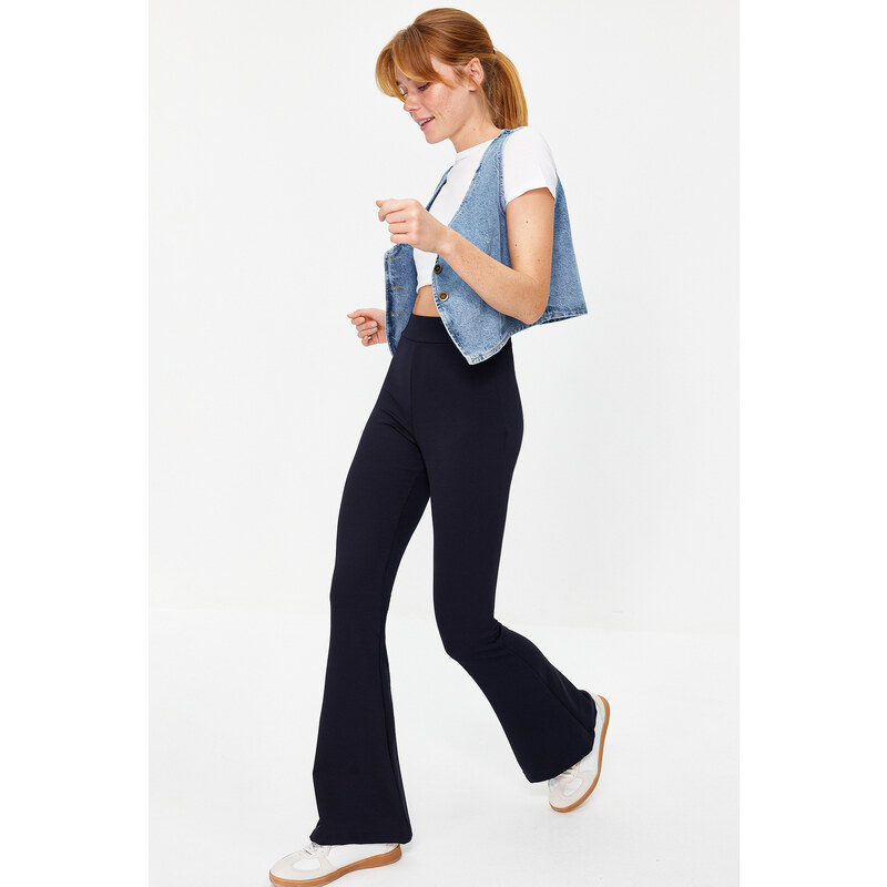 Trendyol Navy Blue Ribbed Flare/Spanish Leg High Waist Stretchy Knitted Leggings Trousers