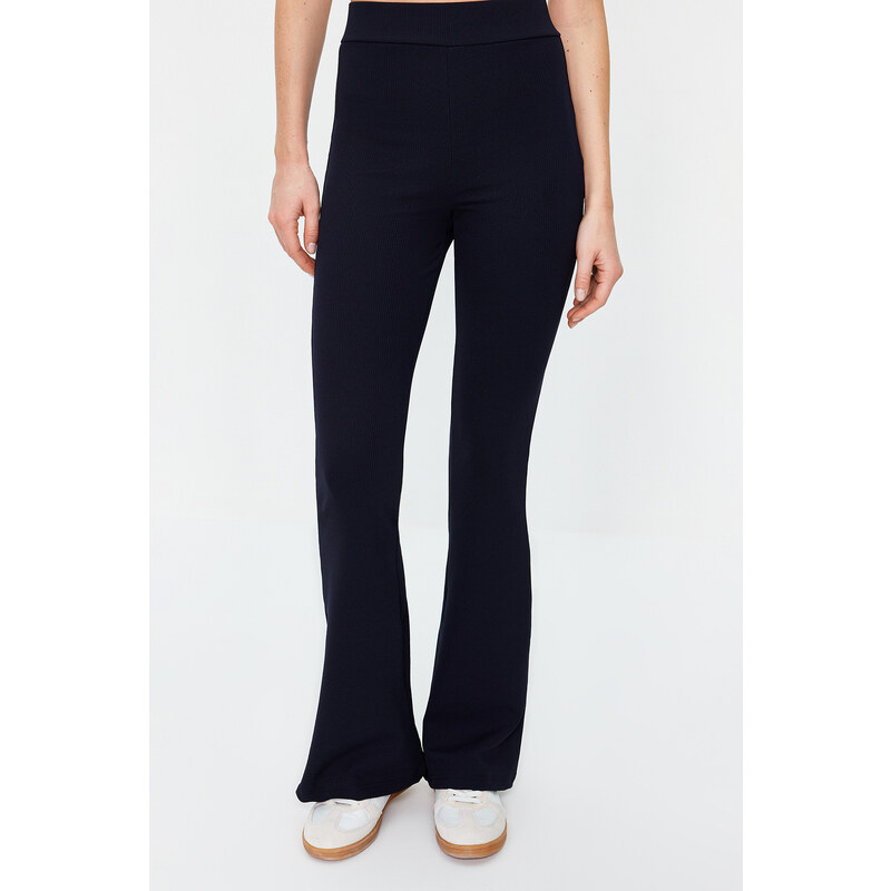 Trendyol Navy Blue Ribbed Flare/Spanish Leg High Waist Stretchy Knitted Leggings Trousers