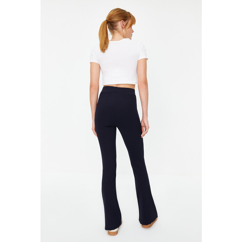 Trendyol Navy Blue Ribbed Flare/Spanish Leg High Waist Stretchy Knitted Leggings Trousers