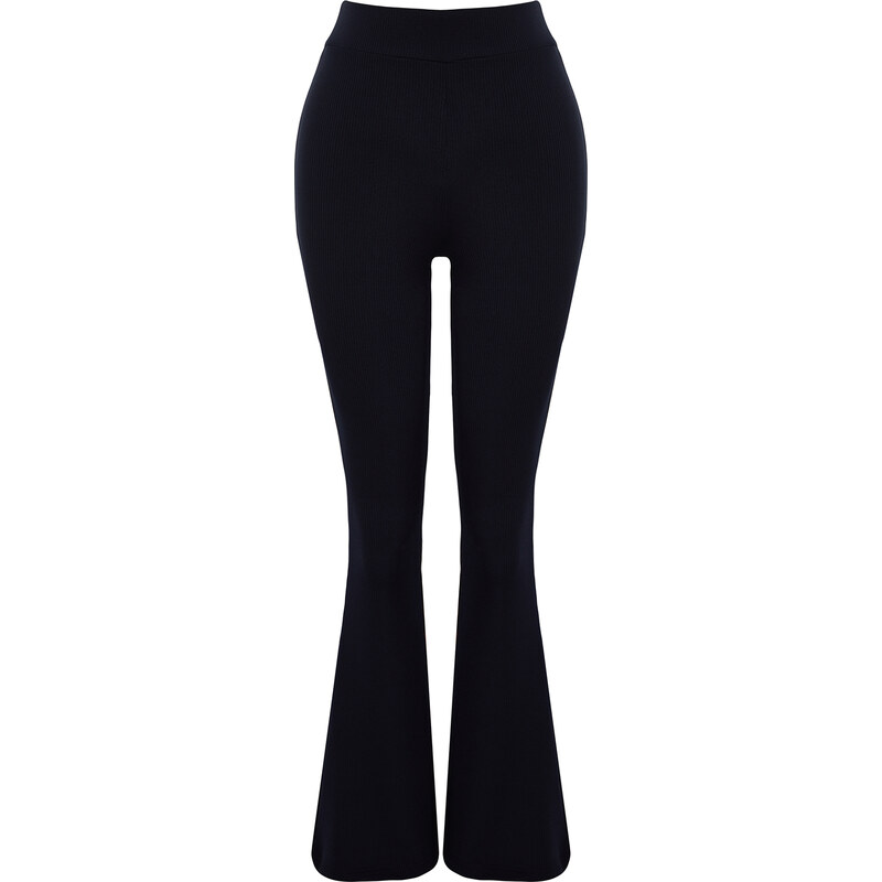 Trendyol Navy Blue Ribbed Flare/Spanish Leg High Waist Stretchy Knitted Leggings Trousers