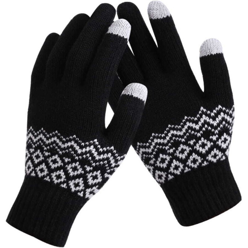 Camerazar Teplé dámské rukavice Nordic Pattern Touch, černé, akrylová příze, univerzální velikost