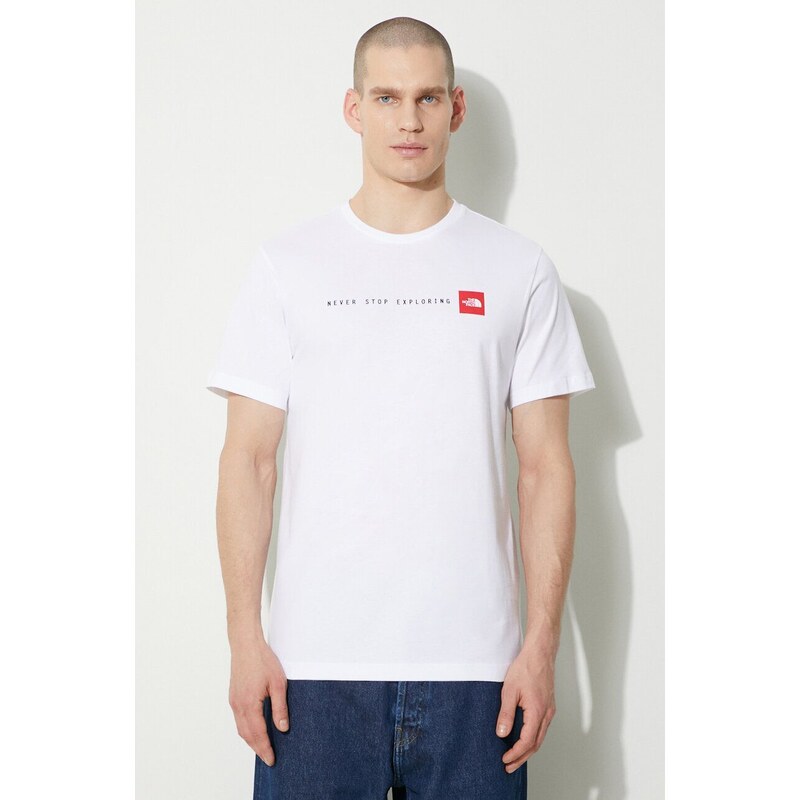 Bavlněné tričko The North Face M S/S Never Stop Exploring Tee bílá barva, s potiskem, NF0A87NSFN41