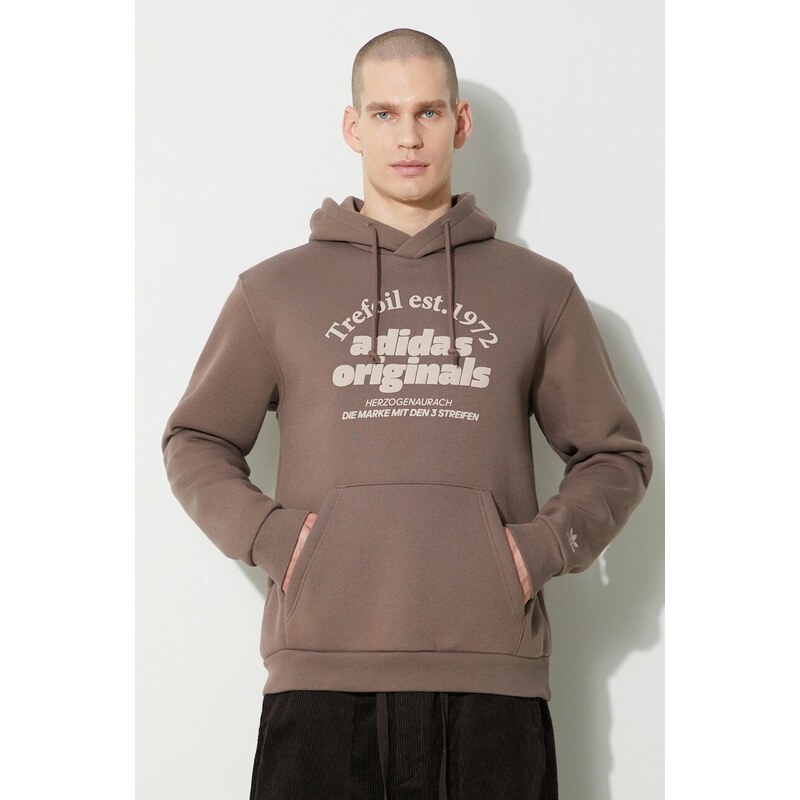 Mikina adidas Originals Hoodie Sport Archives pánská, hnědá barva, s kapucí, s potiskem, IU0218