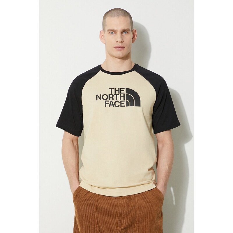 Bavlněné tričko The North Face M S/S Raglan Easy Tee béžová barva, NF0A87N73X41