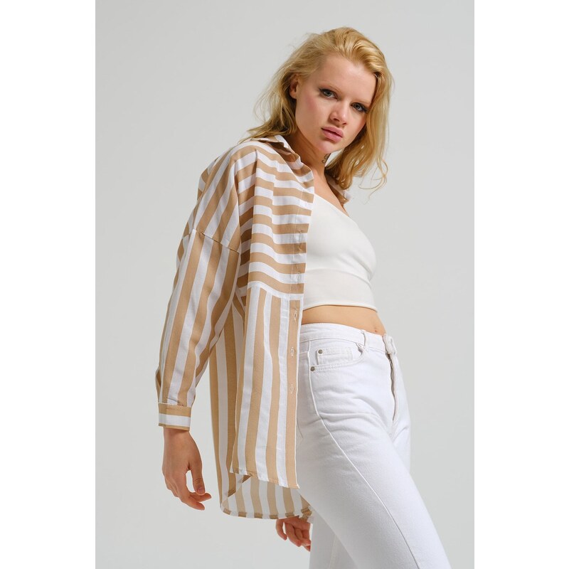 armonika Women's Beige Asymmetrical Striped Oversized Long Basic Shirt