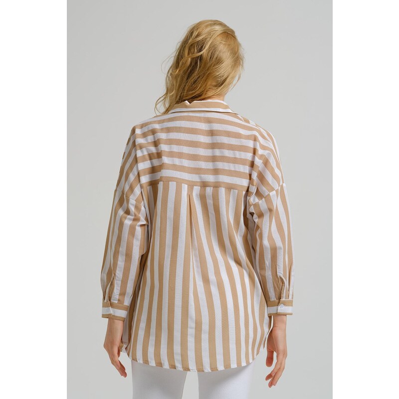 armonika Women's Beige Asymmetrical Striped Oversized Long Basic Shirt