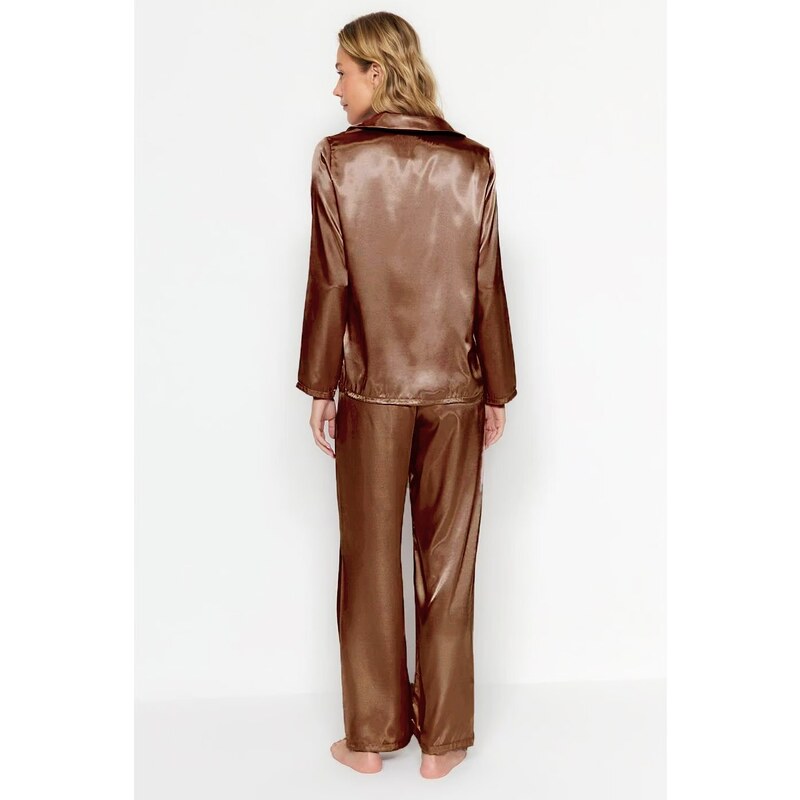 Trendyol Brown Satin Shirt-Pants Weave Pajamas Set