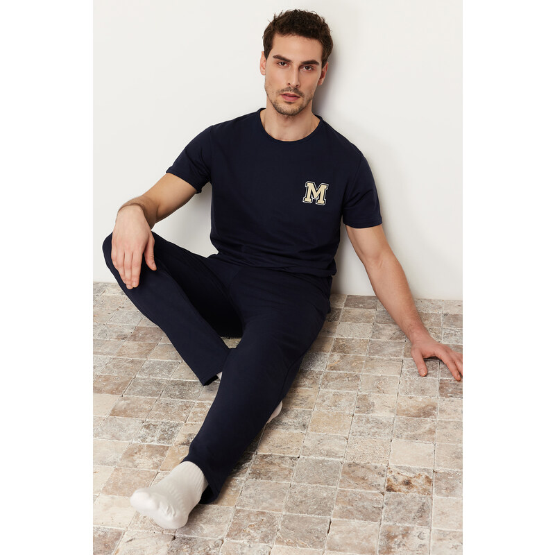 Trendyol Navy Blue Short Sleeve Printed Regular Fit Pajamas Set