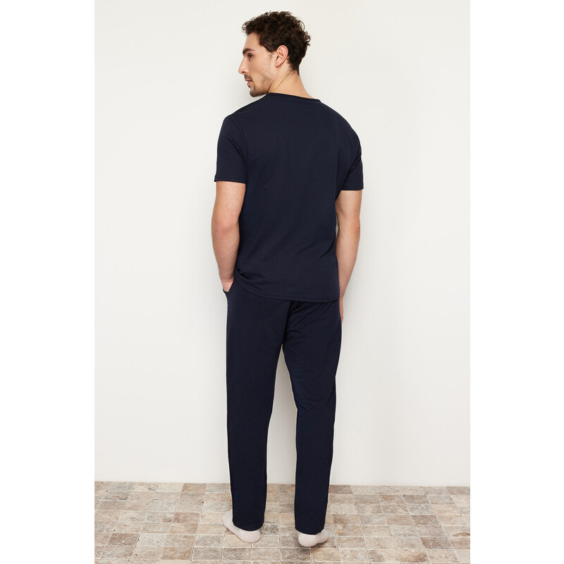 Trendyol Navy Blue Short Sleeve Printed Regular Fit Pajamas Set