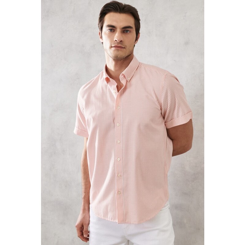 ALTINYILDIZ CLASSICS Men's White Orange Slim Fit Slim Fit Button-down Collar Striped Shirt.