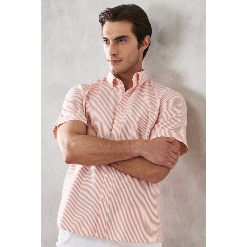 ALTINYILDIZ CLASSICS Men's White Orange Slim Fit Slim Fit Button-down Collar Striped Shirt.