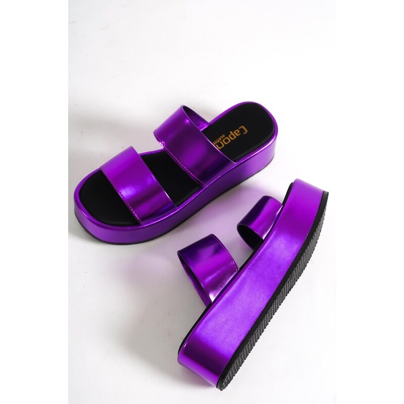 Capone Outfitters Capone Women's Double Strap Wedge Heel Metallic Purple Women's Flatform Sandals