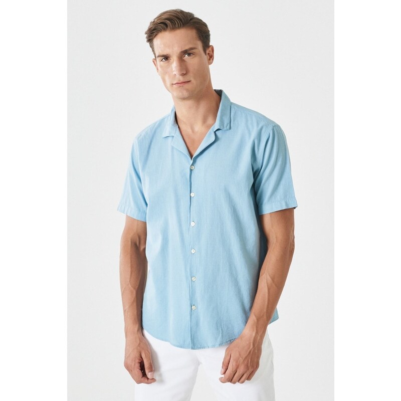 ALTINYILDIZ CLASSICS Men's Blue Comfort Fit Relaxed Fit Mono Collar Short Sleeve Plain Linen Shirt