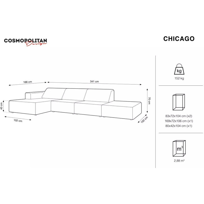 Béžová čalouněná rohová pohovka Cosmopolitan Design Chicago 341 cm, levá