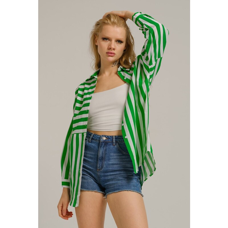 armonika Women's Green Asymmetrical Striped Overszie Long Basic Shirt