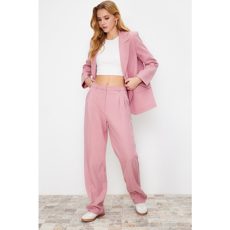 Trendyol Limited Edition Light Pink Straight/Straight Fit Pleated Woven Trousers