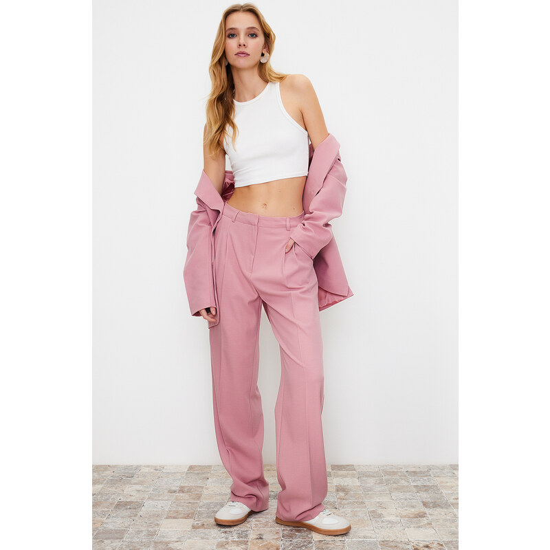 Trendyol Limited Edition Light Pink Straight/Straight Fit Pleated Woven Trousers