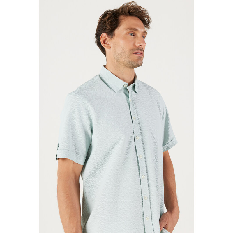 AC&Co / Altınyıldız Classics Men's Green Slim Fit Slim Fit Hidden Button Collar Short Sleeve Shirt