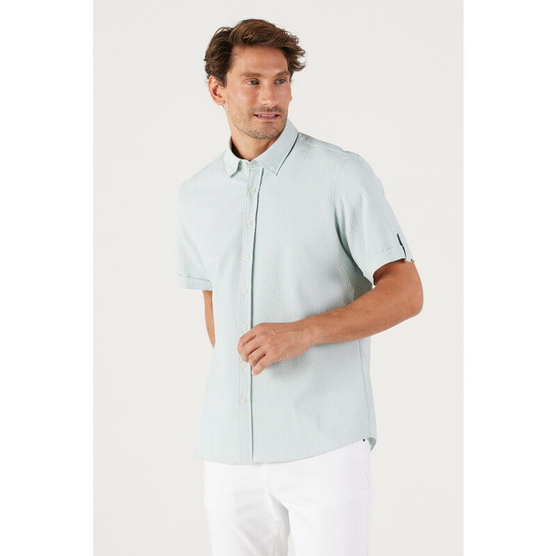 AC&Co / Altınyıldız Classics Men's Green Slim Fit Slim Fit Hidden Button Collar Short Sleeve Shirt