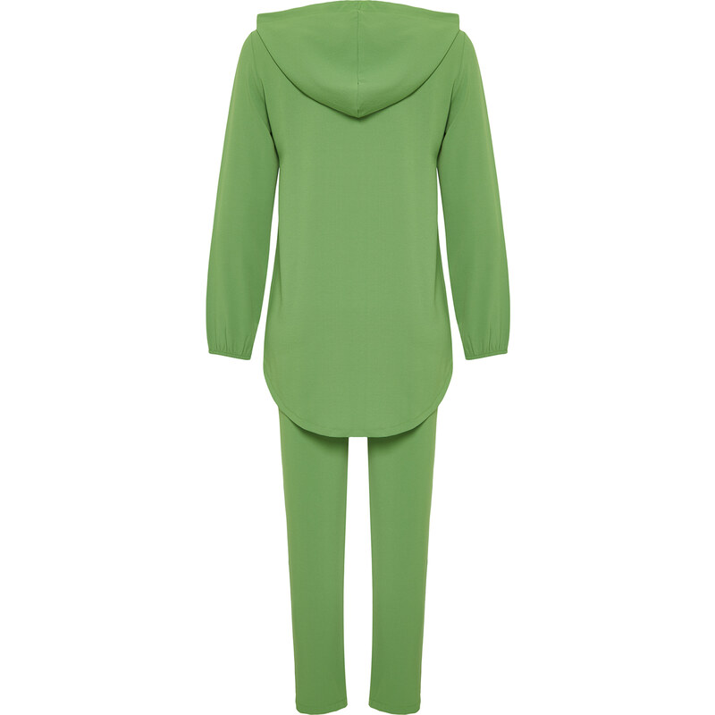 Trendyol Green Hooded Zippered Cardigan- Trousers Woven Two Piece Set